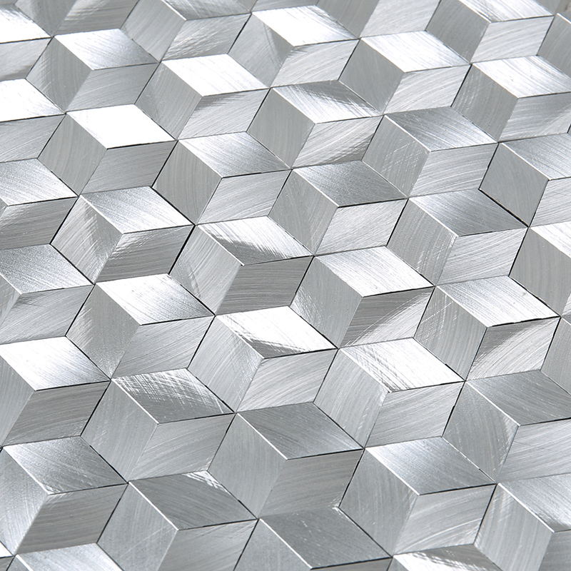 Éifeacht 3D Cruth Diamond Silver Bán Alúmanam Heicseagán Tíleanna Mósáic Do Bhalla Maisiúcháin