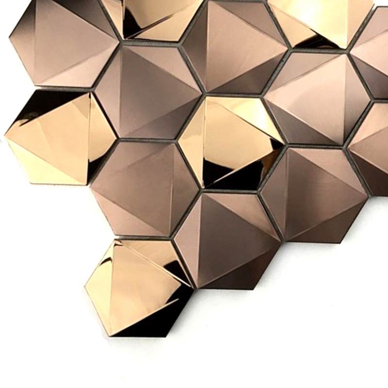 Rose Gold 3D Heicseagán 304/316 Tíleanna Cruach dhosmálta Mósáic le haghaidh Maisiú Ballaí