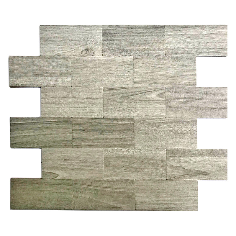 Meascán Faisin 3D Wood Subway Meascán Mosaico Alúmanaim Peel Agus Cuir Tíleanna Backsplash Bata