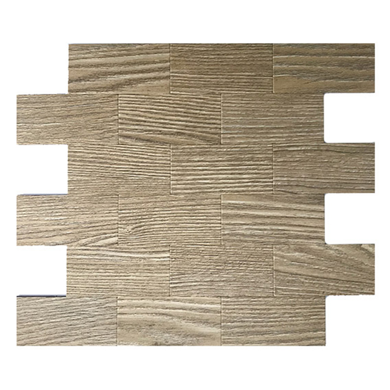 Meascán Faisin 3D Wood Subway Meascán Mosaico Alúmanaim Peel Agus Cuir Tíleanna Backsplash Bata