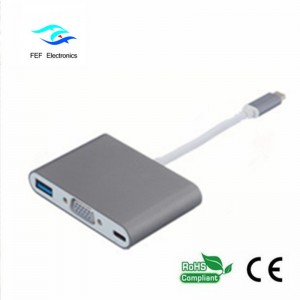USB TYPE-C le USB3.0 baineann + baineann VGA + PD trí cinn in aon tiontaire ABS shell Cód: FEF - USBIC-007