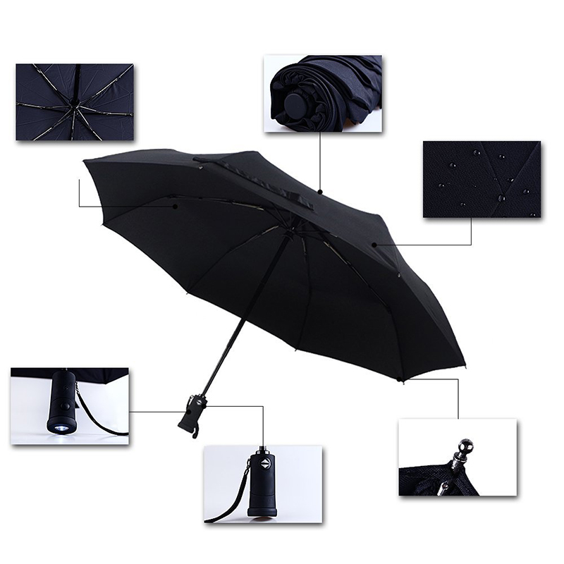 Láimhseáil na Tóirse Umbrella 3 scáth uathoibríoch atá oscailte agus feidhm dhlúth-fheidhme uathoibríoch