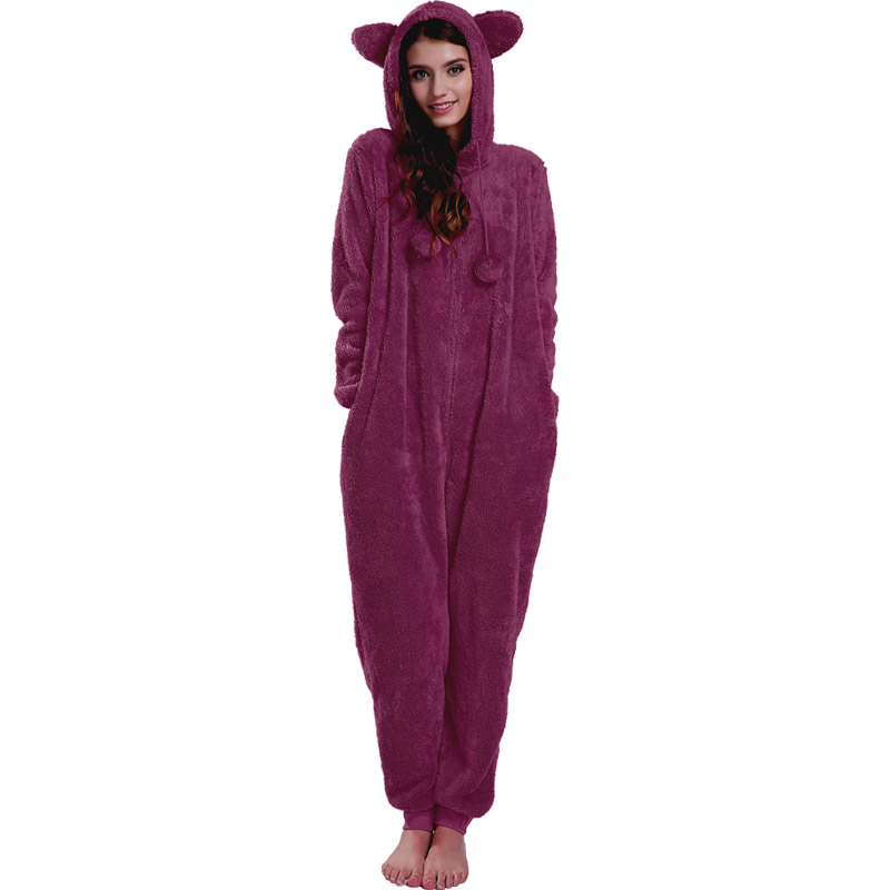 Mná Dearg Onesie Pajamas Hooded Le Ainmhithe cluasa