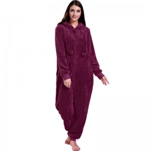 Mná Dearg Onesie Pajamas Hooded Le Ainmhithe cluasa