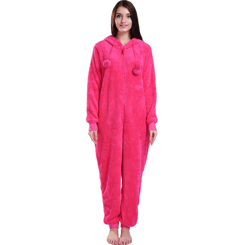 Mná Hot Pink Onesie Pajamas cochall le Ainmhithe cluasa