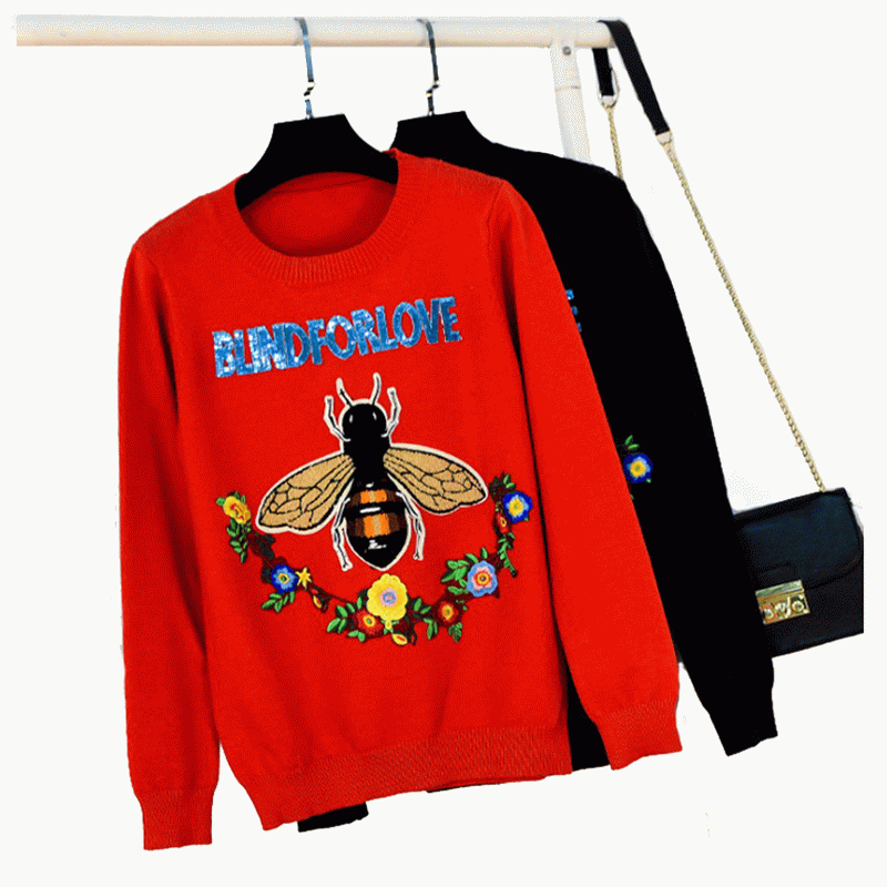 Litreacha an Chustaim Dearadh Knit Bee Litreacha agus geansaí Pullover Flower Patchwork mBan