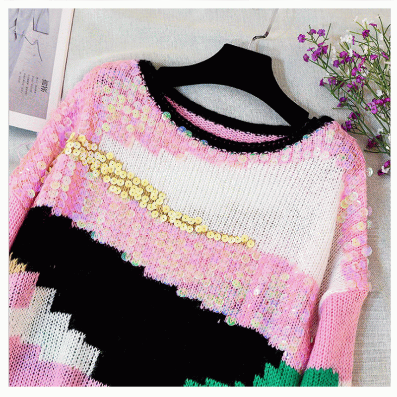 2019 Sequin Sequin Sweáilte Lámhdhéanta Fall Gheimhridh Geansaí Pullover
