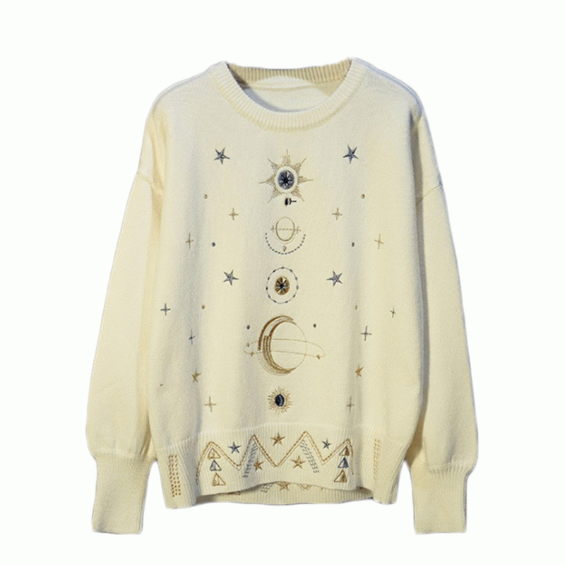 2019 Óir Obair Throm Loose Fur Fur Bróidnéireacht Starry Babhta Geansaí Knit Tiubh Muineál