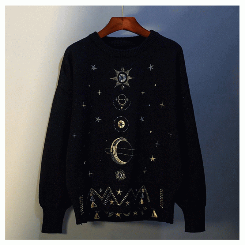 2019 Óir Obair Throm Loose Fur Fur Bróidnéireacht Starry Babhta Geansaí Knit Tiubh Muineál