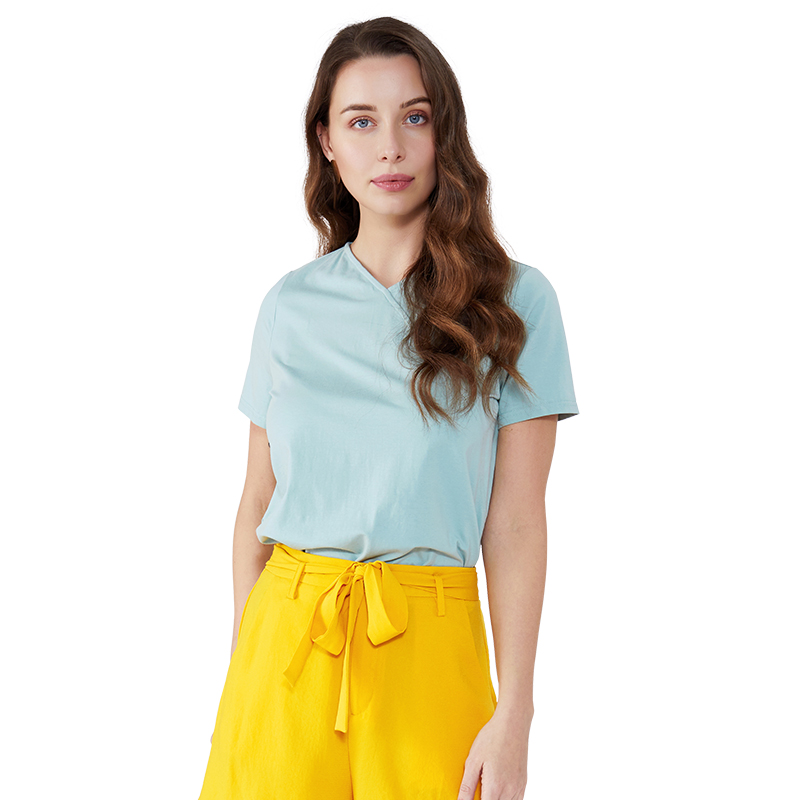 Gléas is déanaí Tops T-léine Blús Loose Lady Stíl Bunúsach Samhraidh V Muineál Spandex Lus an Mhiáin Glas Gearr