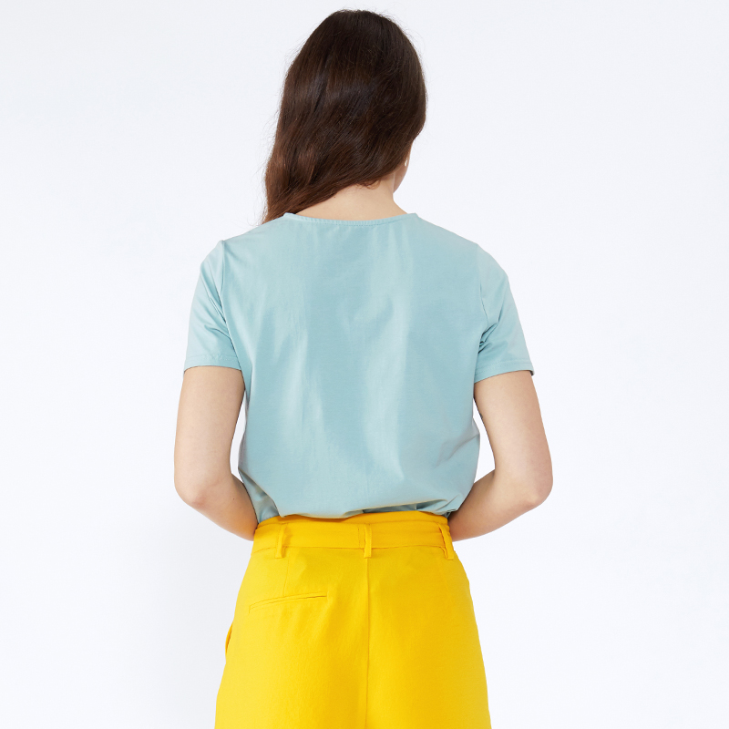 Gléas is déanaí Tops T-léine Blús Loose Lady Stíl Bunúsach Samhraidh V Muineál Spandex Lus an Mhiáin Glas Gearr