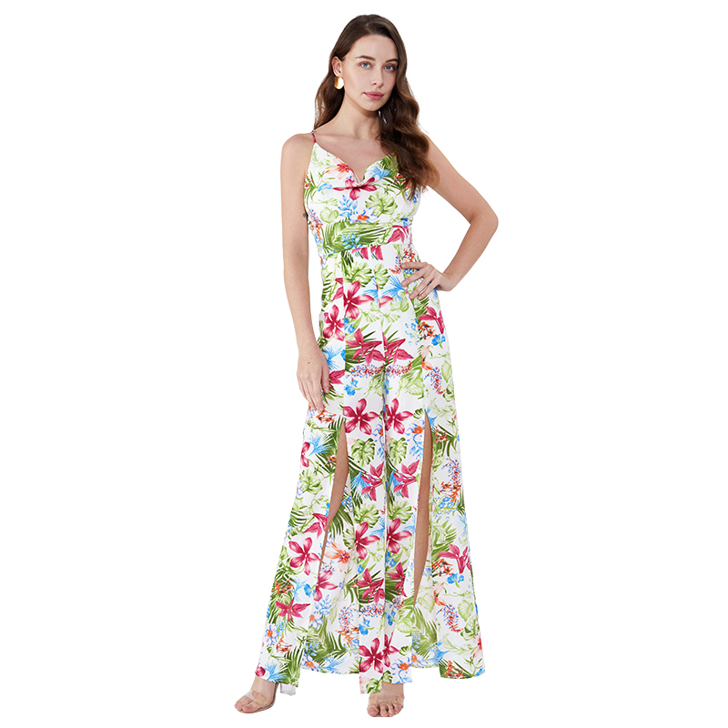 Samhraidh Scoilt Priontáil Floral Chustaim Píosa One Píosa Sín Vintage Jumpsuit