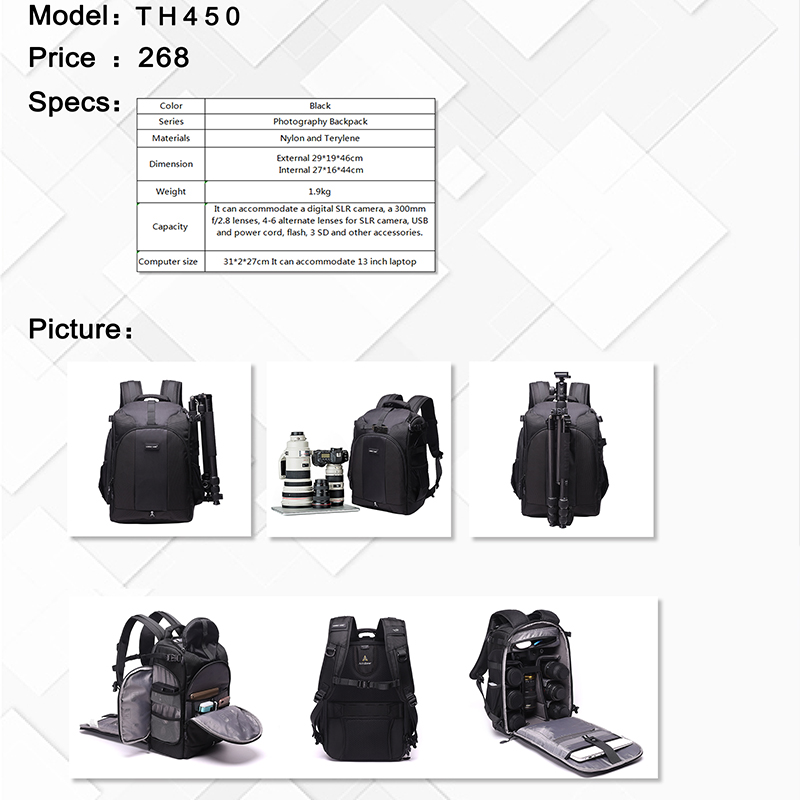 DIAT TH450 Ceamara grianghrafadóireachta dubh nua-aimseartha níolón nua-aimseartha dubh backpack clúdach báistí púdar Tripod