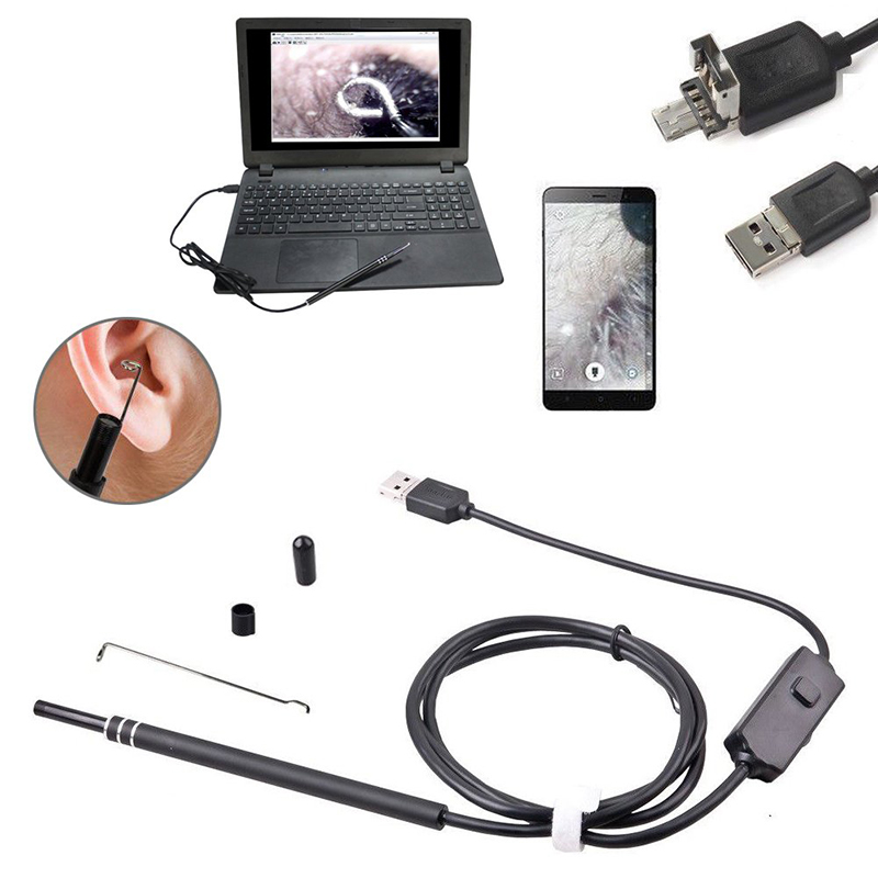 2 i 1 Borescope Cigireacht Cluas Remover céir Uirlis 720P Ceamara uiscedhíonach le 6 adjustable LED Ag luí leis Android agus iOS