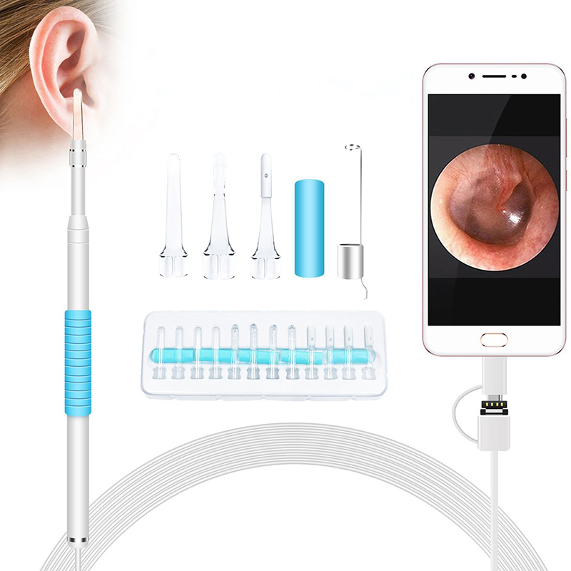 Otoscope 3 i 1 Borescope Cigireacht Cluas Remover céir Uirlis 720P Ceamara uiscedhíonach le 6 inoiriúnaithe LED Ag luí leis Android agus iOS