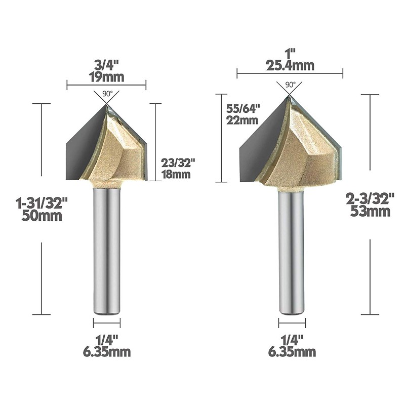 Giotán Ródaire V-Gráid 90 Céime, Tíotáiniam Brataithe Giotán Bit CNC 2-Fliúit le Snáithín Ceapaire Chamfer Bevel Cutter, Shank 1/4-Ich