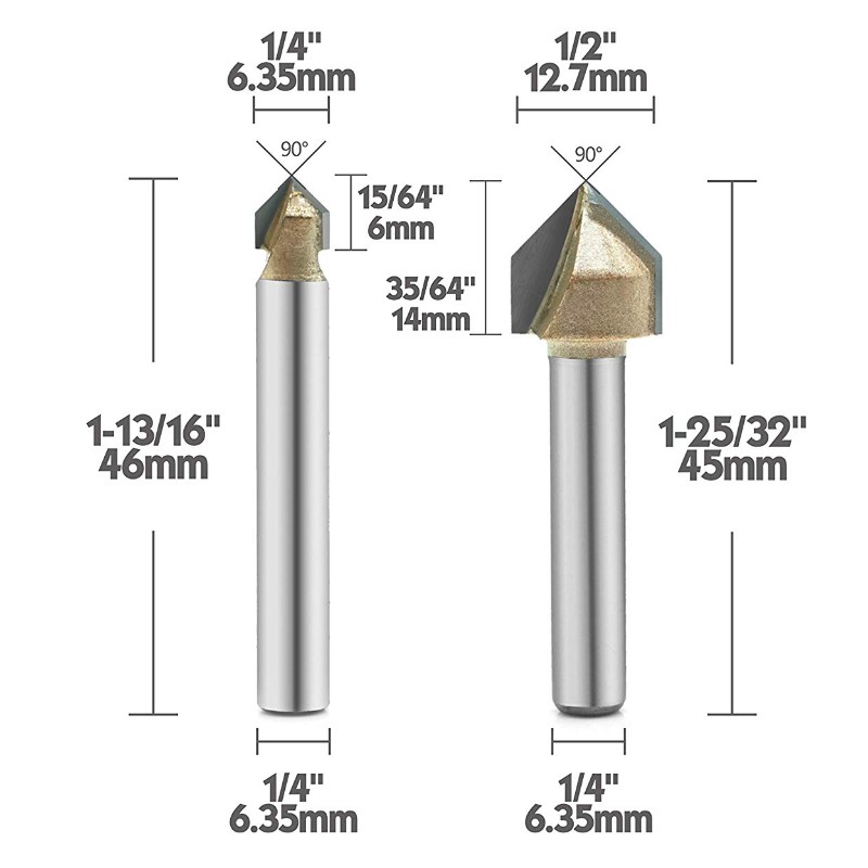 Giotán Ródaire V-Gráid 90 Céime, Tíotáiniam Brataithe Giotán Bit CNC 2-Fliúit le Snáithín Ceapaire Chamfer Bevel Cutter, Shank 1/4-Ich