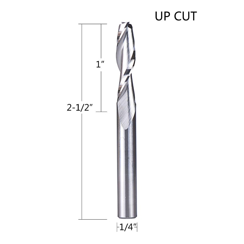 Giotán Ródaire Bíseach le trastomhas gearrtha suas le 1/4 orlach, 1/4 orlach Shank HRC55 Muileann Deireadh Soladach Carbide CNC do Ghearradh Adhmaid, Snoíodóireacht