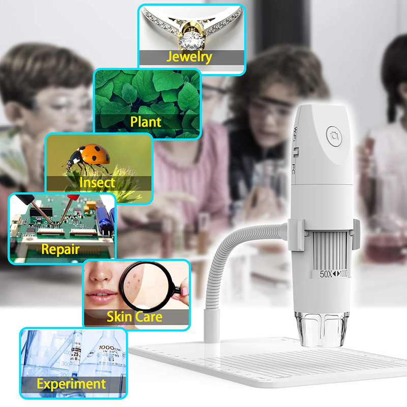 Micreascóp WiFi 50X Go 1000X Micreascóp Digiteach Gan Sreang, Seastán Breathnadóireachta Lámh Sholúbtha le Ceamara LED 1080P HD MP MP 8, Mini Micreascóp Boise do Android iOS PC