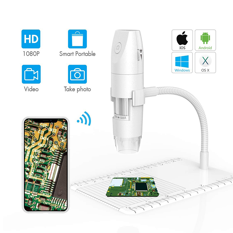 Micreascóp WiFi 50X Go 1000X Micreascóp Digiteach Gan Sreang, Seastán Breathnadóireachta Lámh Sholúbtha le Ceamara LED 1080P HD MP MP 8, Mini Micreascóp Boise do Android iOS PC