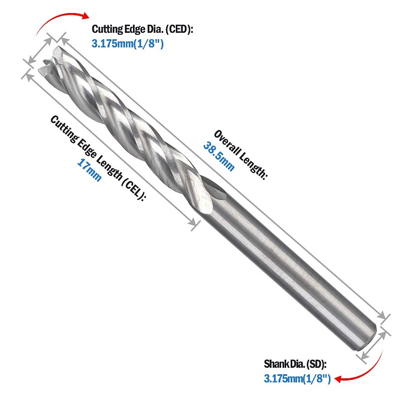 CNC End Mill 1/8 Giotán Ródaire 1 8 Shank 4-Fliúit Gearradh Muilleoireachta Upcut Miotal Tungstan Cruach Gearradh Uirlis Socraigh 17mm CEL, 38.5mm OAL do Bhord Dlúis PVC Aicrileach PVC Hardwood Plywood