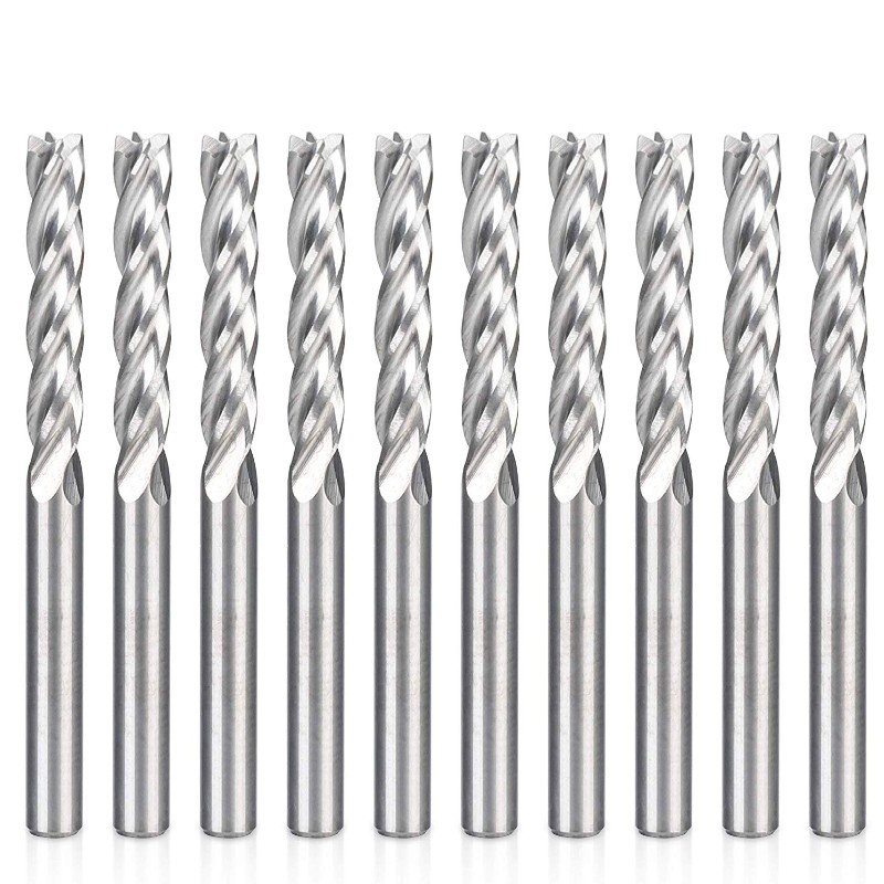 CNC End Mill 1/8 Giotán Ródaire 1 8 Shank 4-Fliúit Gearradh Muilleoireachta Upcut Miotal Tungstan Cruach Gearradh Uirlis Socraigh 17mm CEL, 38.5mm OAL do Bhord Dlúis PVC Aicrileach PVC Hardwood Plywood