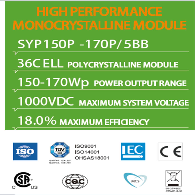 MODÚL AR FHORFHEIDHMÍOCHT MONOCRYSTALLINE SYP150P -170P / 5BB 36C MODÚL POLYCRYSTALLINE ELL