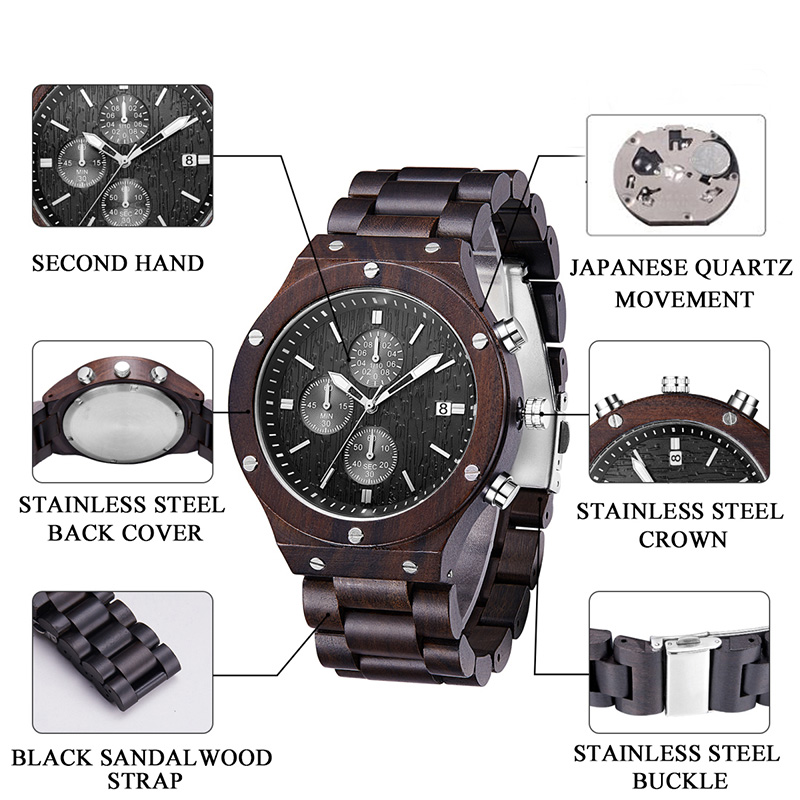 Fóillíocht Unisex Boutique Hight-End DIY Fir Nádúrtha mBan Watch Black Sandal Wood Watch