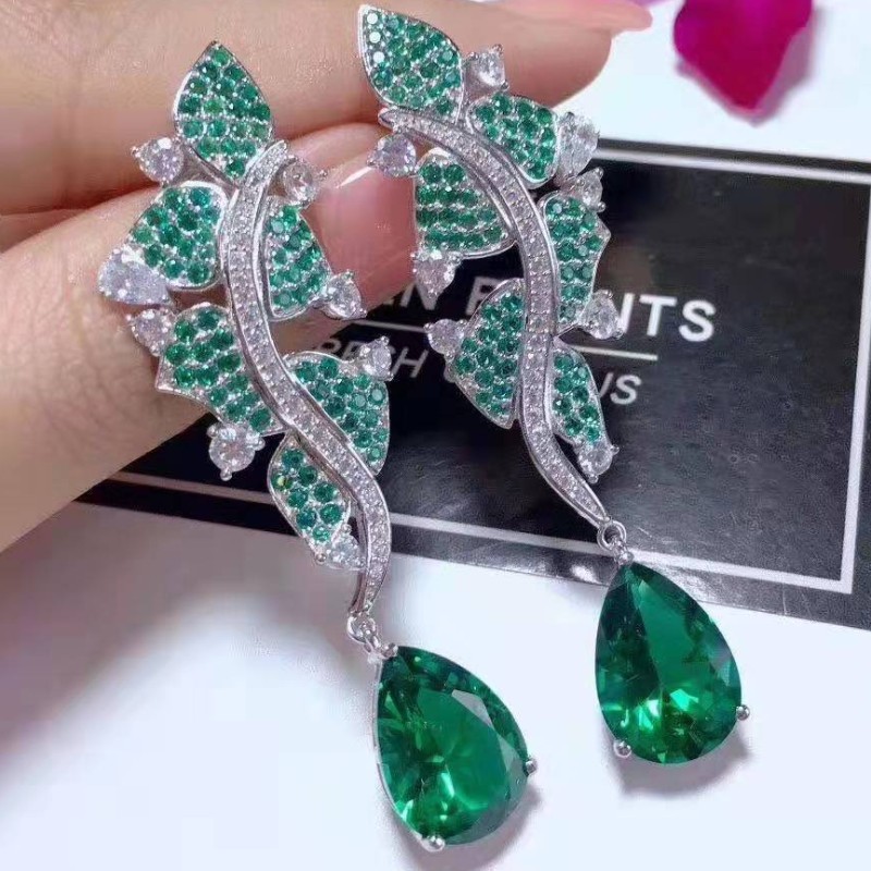 925 SÉARLA STERLING LEAF SYNTHETIG EMERALD LEABHAR CUBIC ZIRCONIA BÁN DÉANAMH