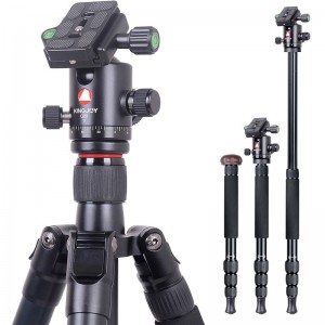 Kit Tripod Taistil Kingjoy, Tripod Ceamara Físeáin Alúmanaim le Ceann Tarraingthe Sreabhán Sreabháin, Colún Ionaid, Uillinn Coigeartaithe, le haghaidh Lámhach Físeáin DSLR Canónta Nikon