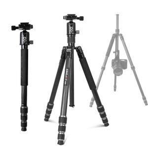 KINGJOY 4-rannóg Fiber Lock Carbóin Fillte Folding Tripod Grianghraf Tripod Photo le Kit Ceann Ball do Grianghrafadóireacht