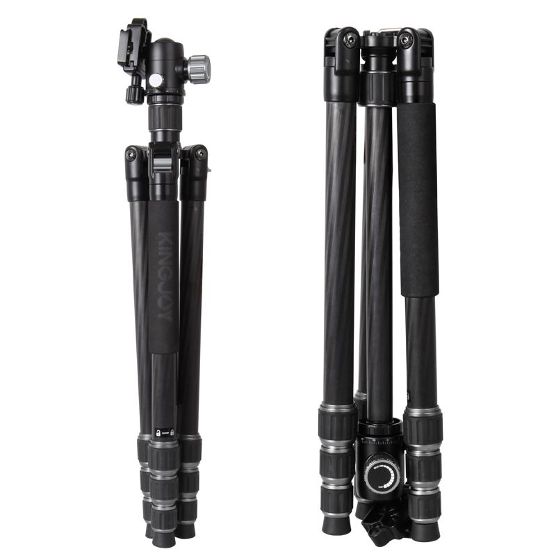 KINGJOY 4-rannóg Fiber Lock Carbóin Fillte Folding Tripod Grianghraf Tripod Photo le Kit Ceann Ball do Grianghrafadóireacht