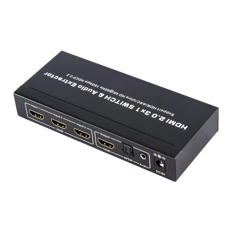 V2.0 HDMI 3x1 Switcher & Tacaíocht Fuaime Fuaime ARC Ultra HD 4Kx2K @ 60Hz HDCP2.2 18Gbps