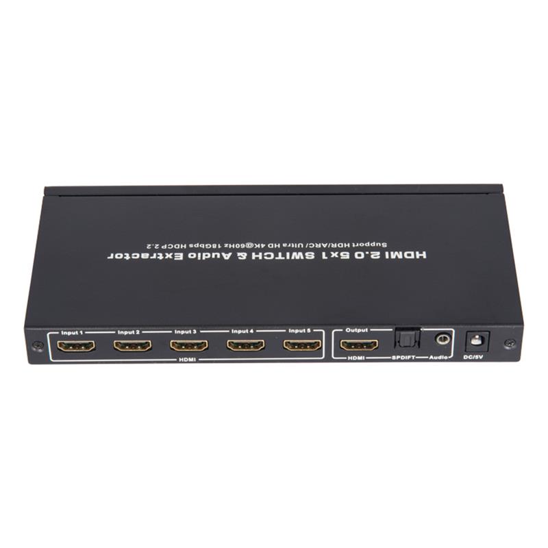 V2.0 HDMI 5x1 Switcher & Tacaíocht Fuaime Fuaime ARC Ultra HD 4Kx2K @ 60Hz HDCP2.2 18Gbps