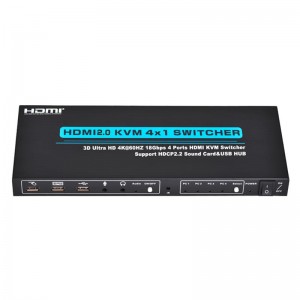 V2.0 HDMI KVM 4x1 Tacaíocht Lasc Ultra HD 4Kx2K @ 60Hz HDCP2.2 Cárta Fuaim 18Gbps & USB Hub