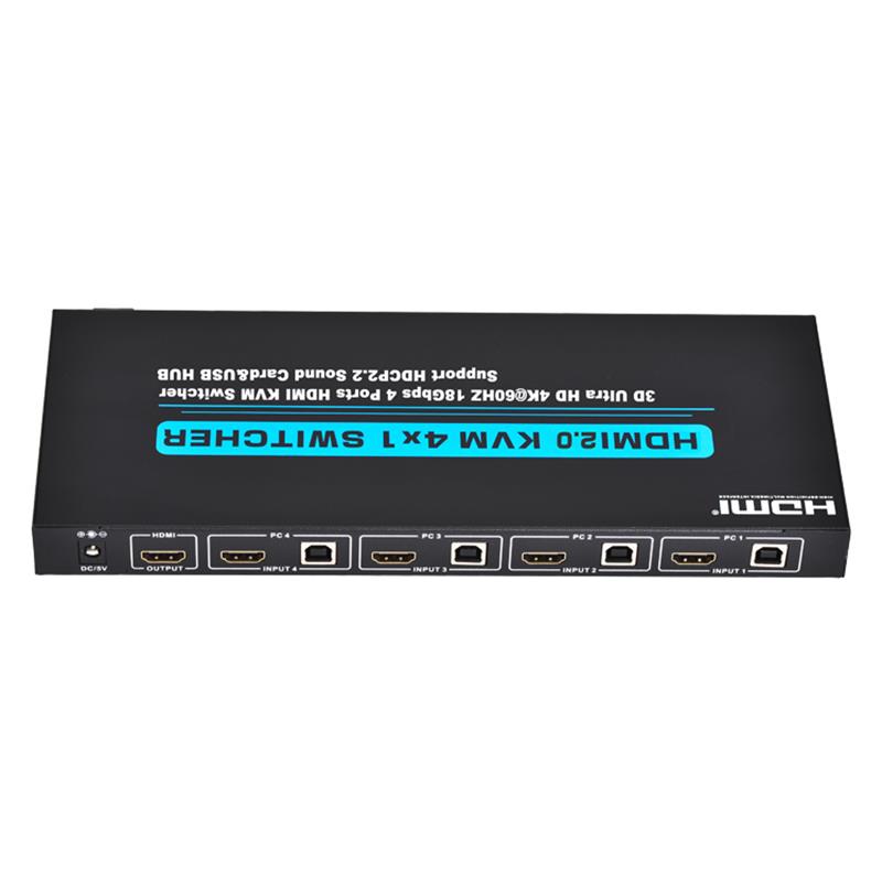 V2.0 HDMI KVM 4x1 Tacaíocht Lasc Ultra HD 4Kx2K @ 60Hz HDCP2.2 Cárta Fuaim 18Gbps & USB Hub