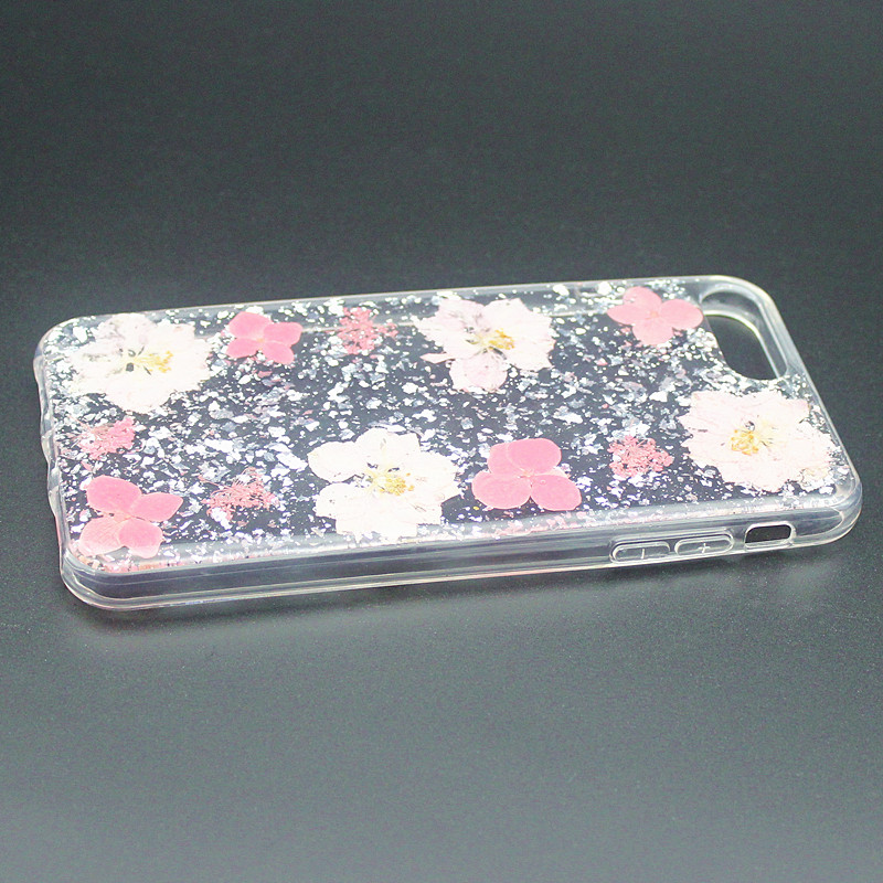 Titeann glittery TPU + PC cás fón póca gliú le bláth istigh de láimh do iPhone 6 Plus / 7 Plus / 8 Plus