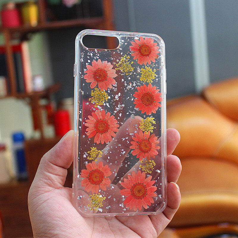 Titeann glittery TPU + PC cás fón póca gliú le bláth istigh de láimh do iPhone 6 Plus / 7 Plus / 8 Plus