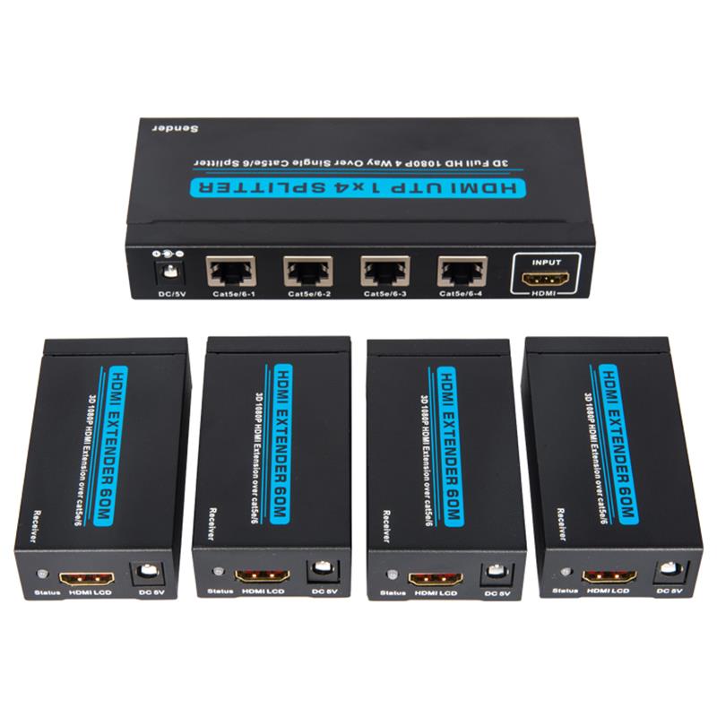 4 Chalafort HDMI UTP 1x4 Scoilteoir Thar Cat5e Singil / 6 Le 4 ghlacadóir suas le 60m