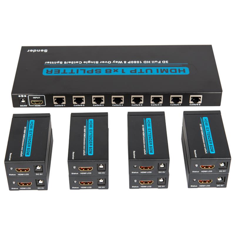 8 Calafoirt HDMI UTP 1x8 Scoilteoir Thar Cat5e / 6 Aonair Le 8 nglacadóir suas le 60m