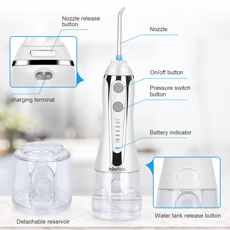 Uiscitheoir Béil Fiaclóireachta gan sreang Gairmiúil Flosser Uisce H2ofloss - Flossing Uisce uiscedhíonach IPX7 Inaistrithe agus In-ath-mhuirearaithe le haghaidh Glanadh Fiacla, Taiscumar Taistil 300ml Baile agus Taisteal (HF-2)