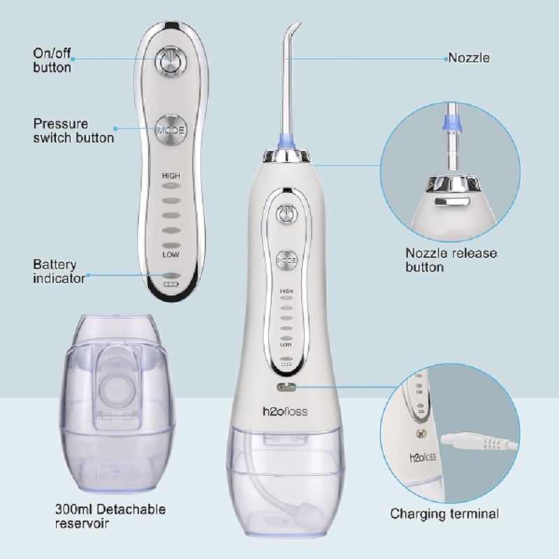 Uiscitheoir Béil Fiaclóireachta gan sreang Gairmiúil Flosser Uisce H2ofloss - Flossing Uisce uiscedhíonach IPX7 Inaistrithe agus In-ath-mhuirearaithe le haghaidh Glanadh Fiacla, Taiscumar Taistil 300ml Baile agus Taisteal (HF-6)