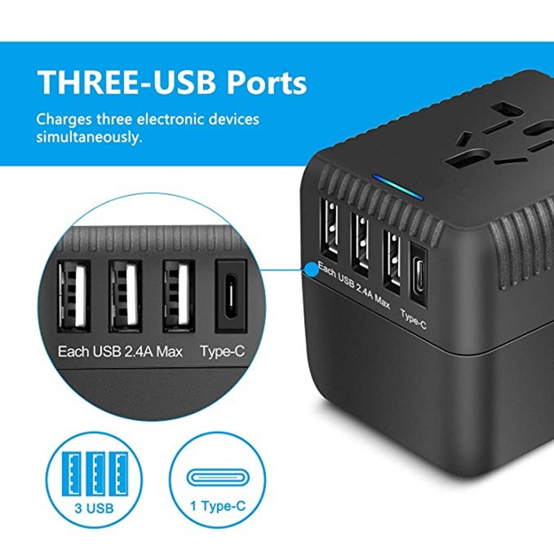 RRTRAVEL Universal Travel Adapter, kõik ühes rahvusvahelises Power Adapteris koos kolme USB+ 1 tüüpi C-tüüpi laadimispostiga, European Plug Adapter, AC Outtet Plug Adapter for European, US, UK, AU 160+ riigiga