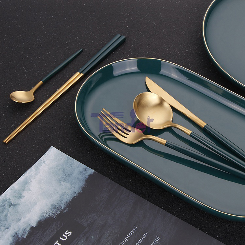 Roheline käepide Roostevaba Terane Pulm Täisrestoran Matte Gold Spoon Fork Knife Cutlery Set