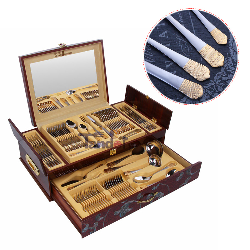 72pcs Royal roostevaba teras flatware gold plakeeritud luksuslikud söögiriistad puidust korpusega