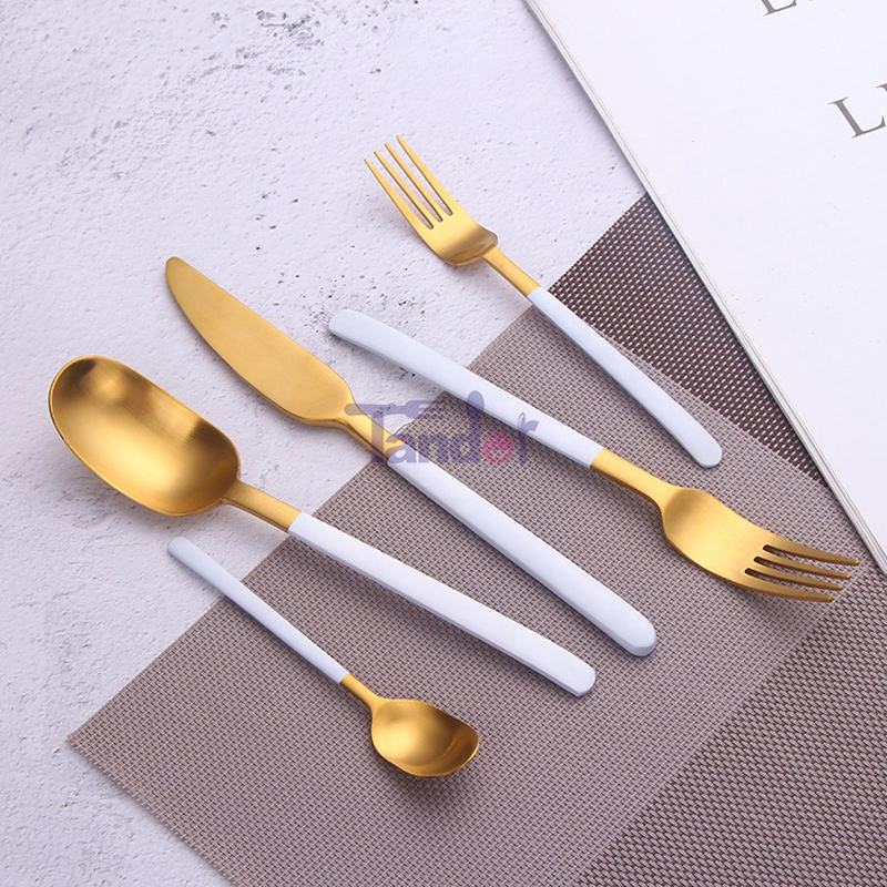 Valge ja Gold Flatware PVD kattematerjal Roostevaba Steel White Cutlery Set