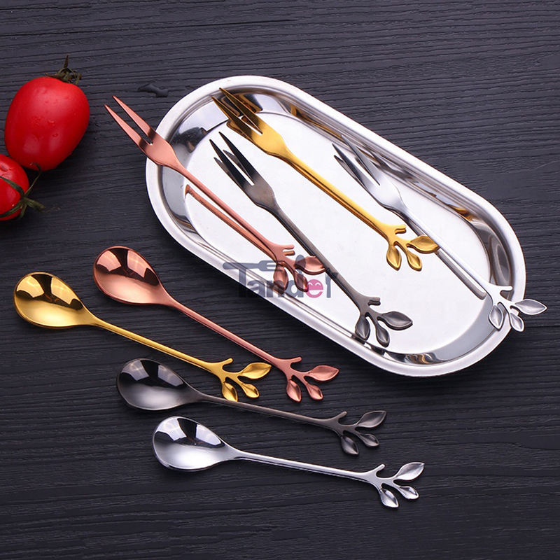 Branch Shape Coffee Spoon Fruit Fork Mirror Small Spoon ja Fork Stainless Steel