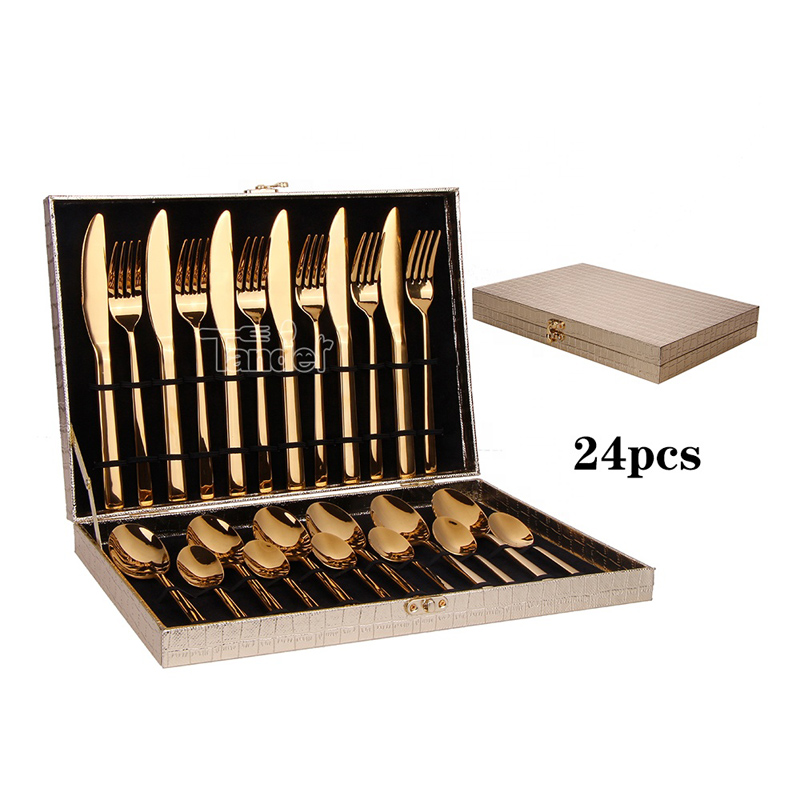 Forc Spúnóg Scian Socraigh Flatware Óir Óstán Cruach Dhosmálta Miotail Brilliant Saincheaptha Gearrthóg 24pcs Socraithe le cás