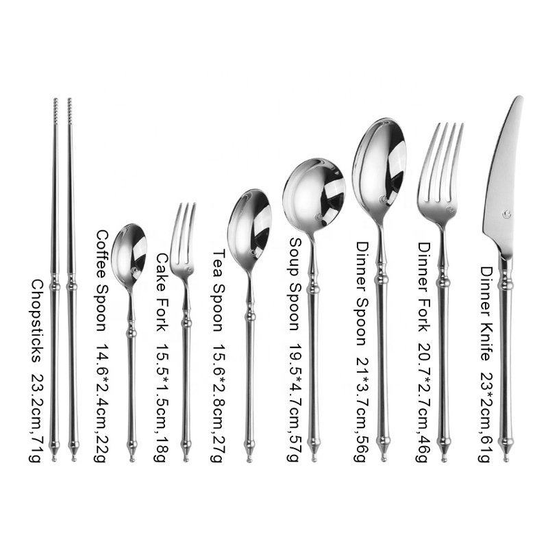 tacar flatware láimhseáil ardchaighdeáin ar ardchaighdeán, sceanra airgid bainise socraithe le chopsticks