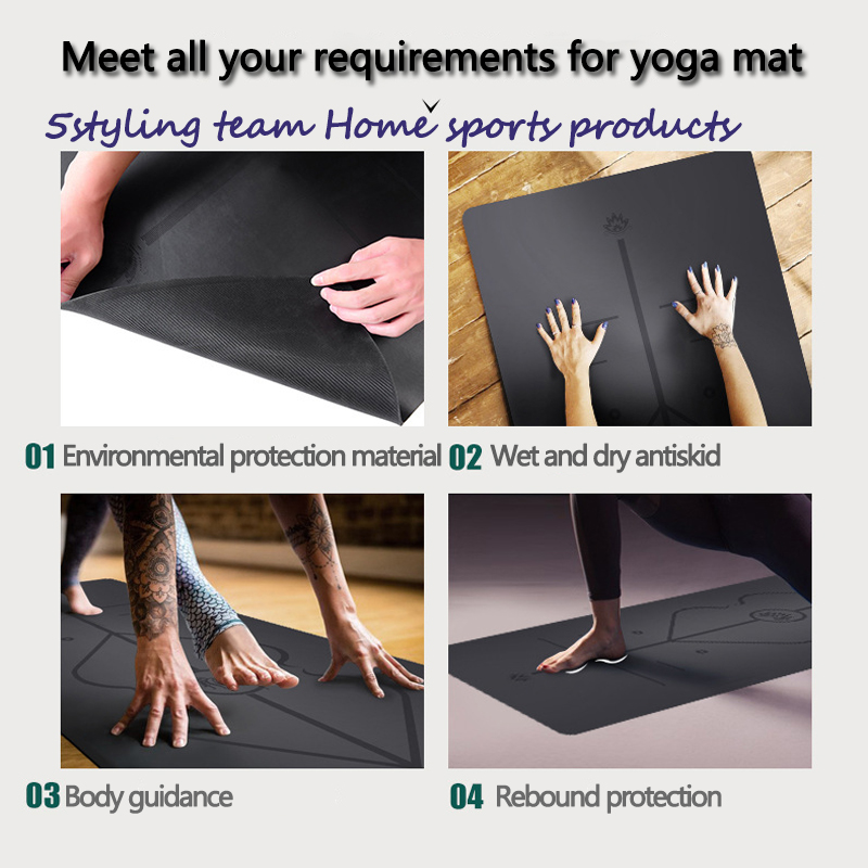 Líne seasamh Pu Natural Rubber Yoga Mat, ionsú allais agus antiskid, mata só talún, mata folláine d’fhir agus do mhná halla yoga